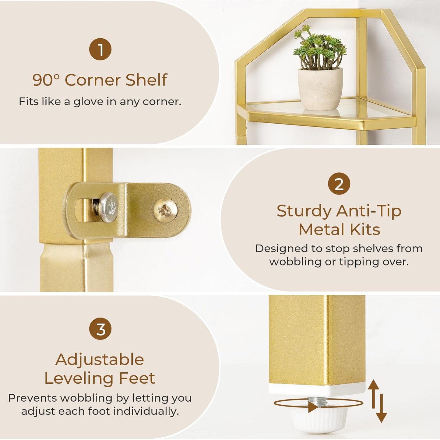 5 Tier Gold Corner Wall Shelf Stand, 66" Metal Corner Shelves Bookshelf Display Shelf for Living Room Decor, Tall Plant Stand Multi Unit Organizer, Standing Shelf for Bedroom,Bathroom,Small Space