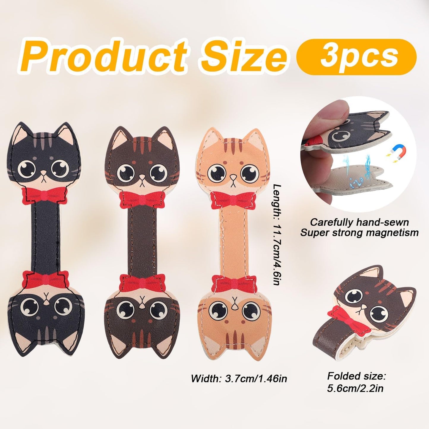 3pcs Magnetic Leather Bookmarks, Cute Cat Magnet Book Mark Kitten Clip for Reading Lovely Gifts for Women Teachers Students Reading Lovers