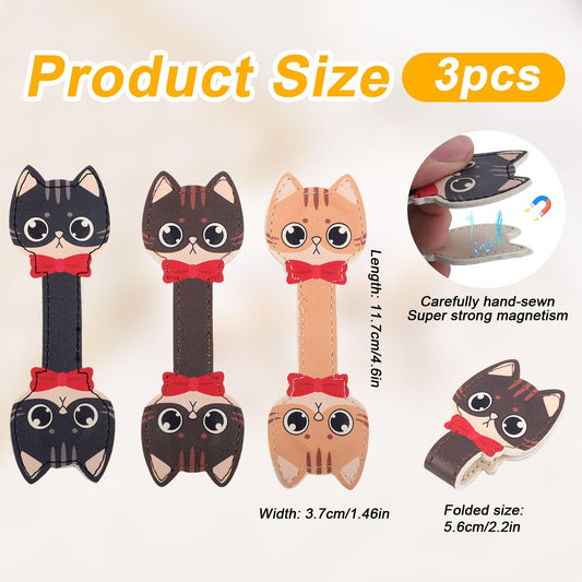 3pcs Magnetic Leather Bookmarks, Cute Cat Magnet Book Mark Kitten Clip for Reading Lovely Gifts for Women Teachers Students Reading Lovers