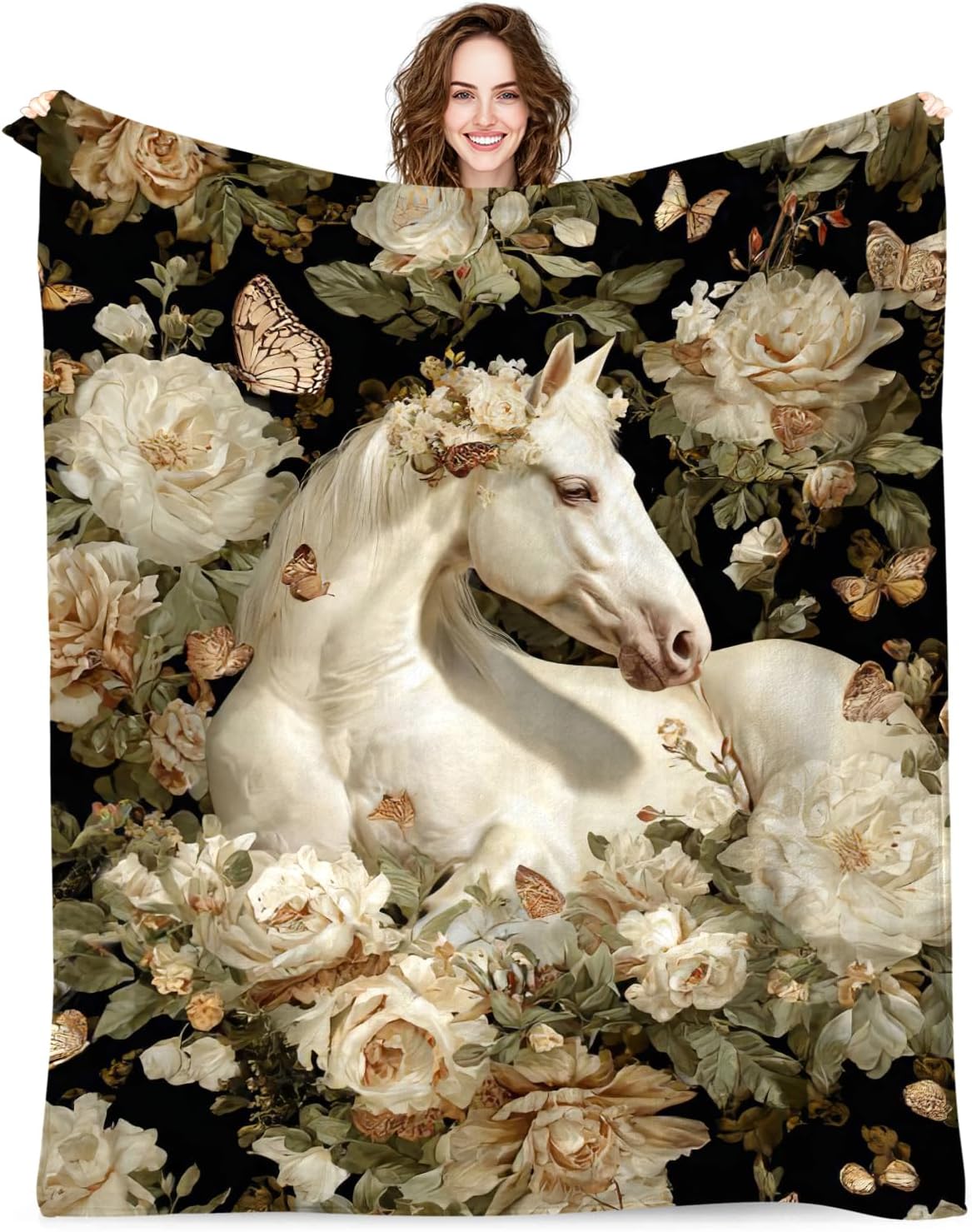 Horse Throw Blnaket Gifts for Women Girls Kids Adults, Super Soft Funny Vintage White Horses Blanket Gifts for Horse Lovers, Warm Cozy Plush Fleece Flannel Throw Blankets 50"X40" for Couch Bedding
