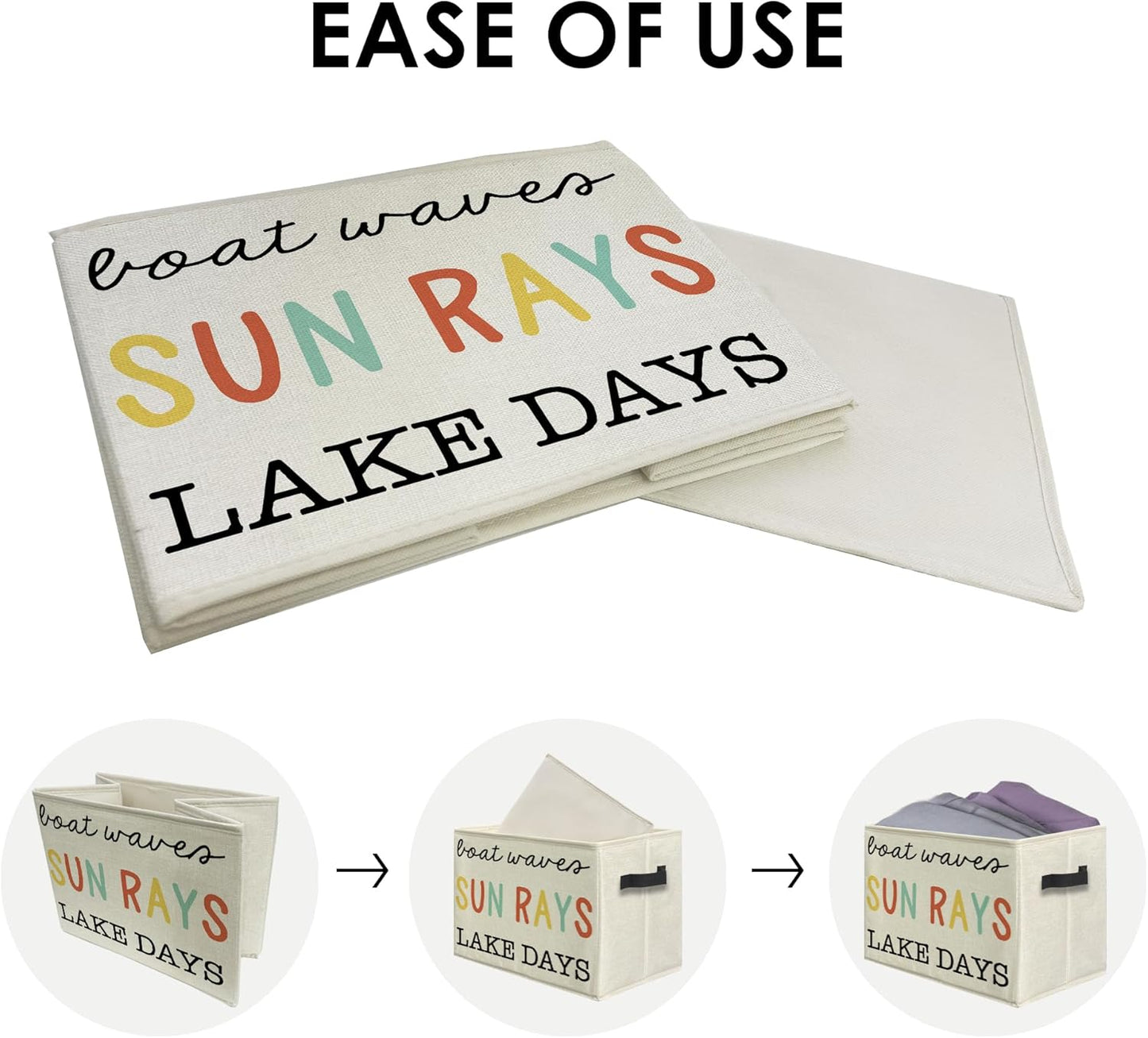 Knibeo Lake House Fabric Storage Bins for Shelves Closet, Boat Waves Sun Rays Lake Days Rainbow Collapsible Cube Baskets Organizer for Clothes Books Toys
