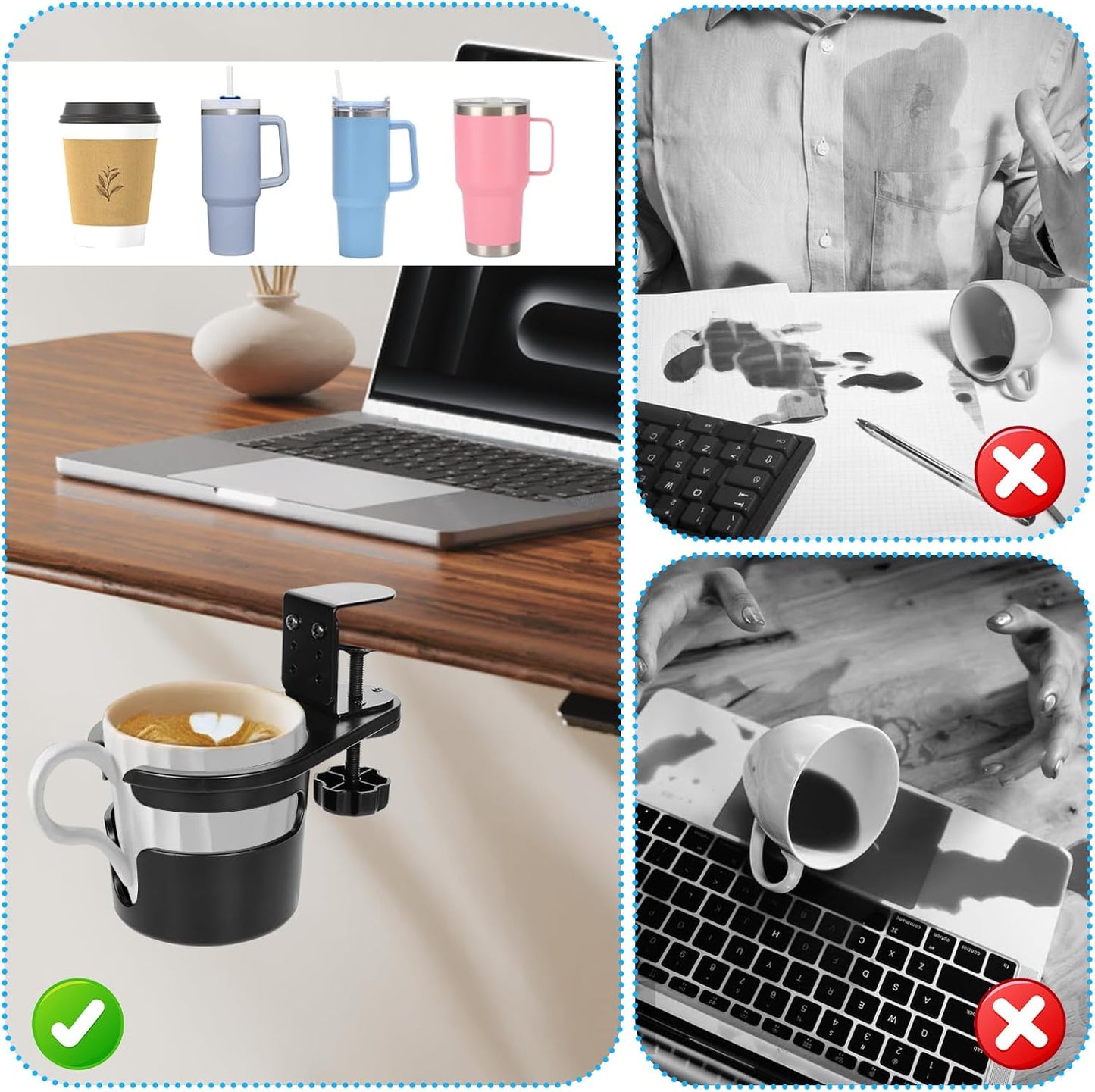 3-Stage Adjustable Desk Cup Holder Clamp, 360° Rotating Anti-Spill Tray for Water Bottles & Mugs, Heavy-Duty Under Desk Organizer for Office, PC Gaming & School, Black