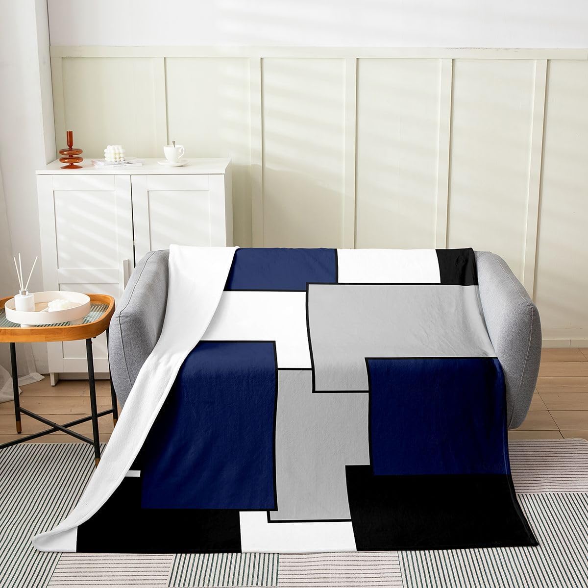 Feelyou Kids Navy Blue Geometric Plush Throw Blanket - Modern Square Art Decor Flannel Fleece Blanket - Geometric Fuzzy Throw - 50"x60"