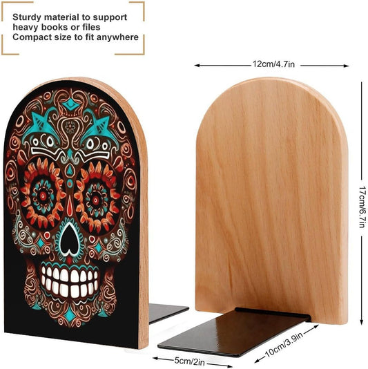 Sugar Skulls Day of The Dead Bookend for Shelves Wooden Book End Large Size Sturdy Book Holders Stoppers with Metal Base for Bookshelves Slick Decorative Bookends Stands