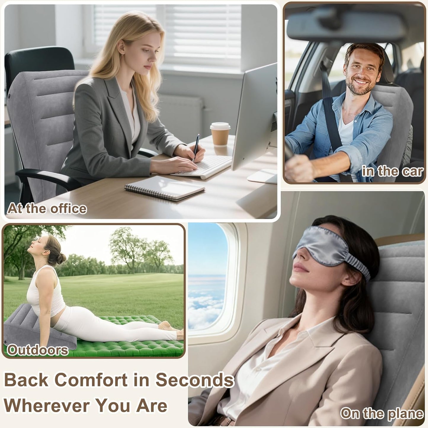 TheClover Inflatable Travel Wedge Pillow for Sleeping- Portable Bed Wedge with Eye Mask,Portable Neck & Back Support for Side Sleepers, Adjustable Air Cushion for Airplane, Car, Office (Grey)