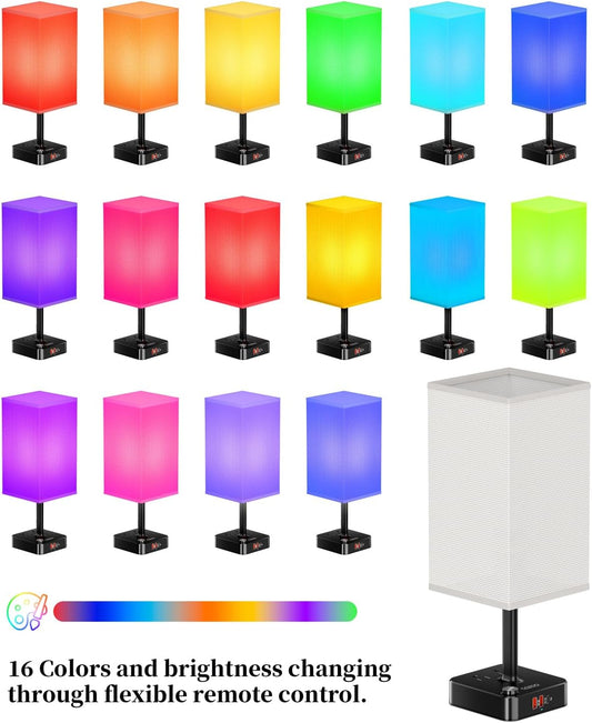 cozoo Bluetooth/WiFi RGB & USB Bedside Table Lamp with 3 USB Charging Ports and 2 Outlets Power Strip, LED Light Bulb Dimmable, Music Sync RGB Color Changing Light for Party Home/Bedroom/Living Room