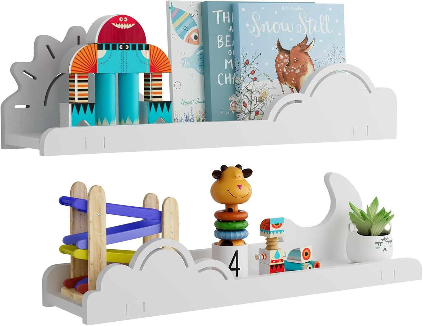 Cute Wall Shelves for Room Decor 2 Pack, White Sun&Moon Bookshelf 16’’L U-Shaped Floating Shelf Wall Mounted, Cute Decorative Cloud Shelves for Books,Plants,Figure, Storage Shelves for Living Room