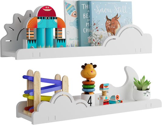 Cute Wall Shelves for Room Decor 2 Pack, White Sun&Moon Bookshelf 16’’L U-Shaped Floating Shelf Wall Mounted, Cute Decorative Cloud Shelves for Books,Plants,Figure, Storage Shelves for Living Room