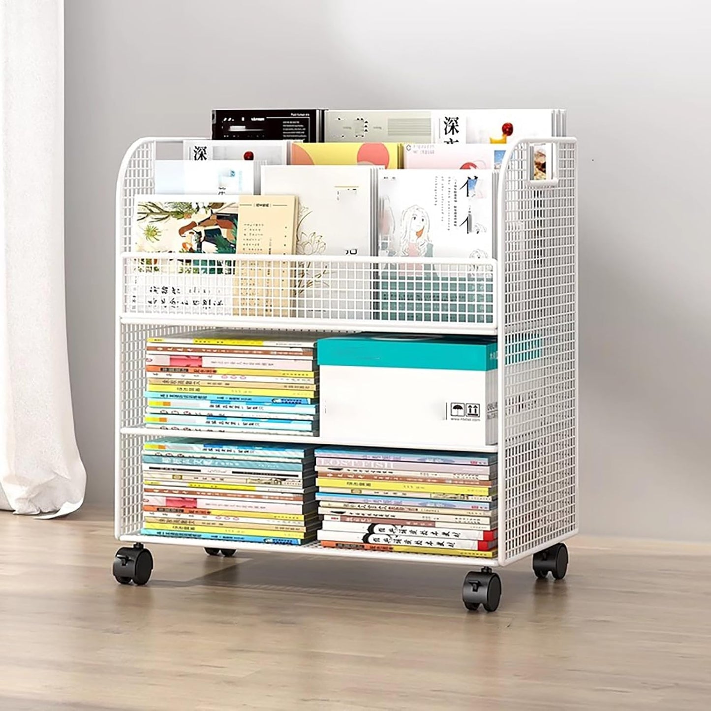 Book Shelf Organizer for Kids,Modern Open Bookshelf,Door Behind Magazine Organizer Rack,Narrow Floor Standing Bookshelf Organizer,for Children's Room Playroom Daycare School.(White)