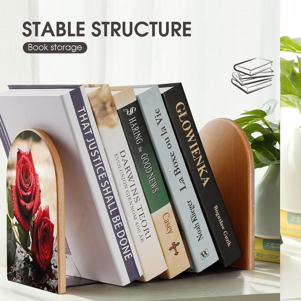 Red Rose Flowers Wooden Bookend Non-Slip Book Ends Heavy Duty Book Stopper with Metal Base Books Holderd Decorative Bookends Stands Firmly for Office Supplies