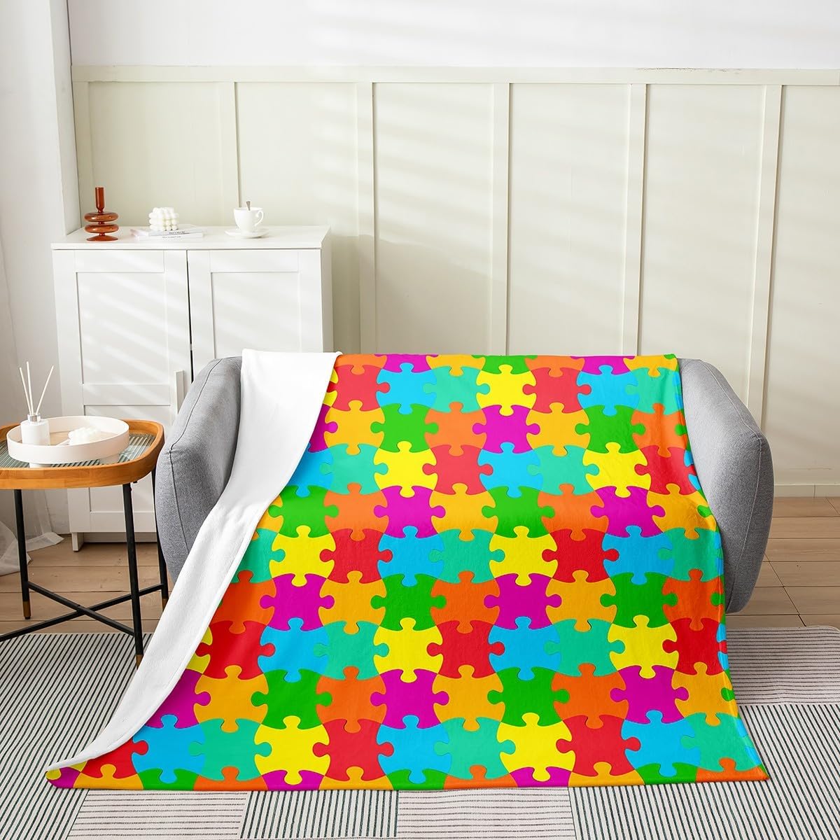 Feelyou Puzzle Flannel Fleece Blanket, Colorful Puzzle Games Throw, Rainbow Geometric Pattern Decorative Plush Blanket for Kids, Girls & Boys, Colorful Fuzzy Twin 60"x80"
