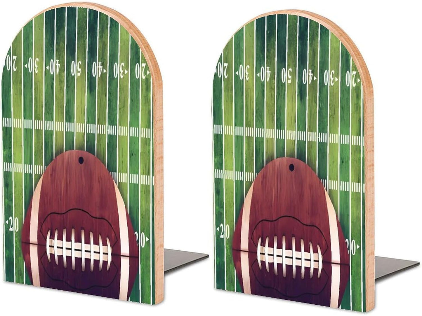 American Football Field and Ball Wooden Bookend Non-Slip Book Ends Heavy Duty Book Stopper with Metal Base Books Holderd Decorative Bookends Stands Firmly for Office Supplies