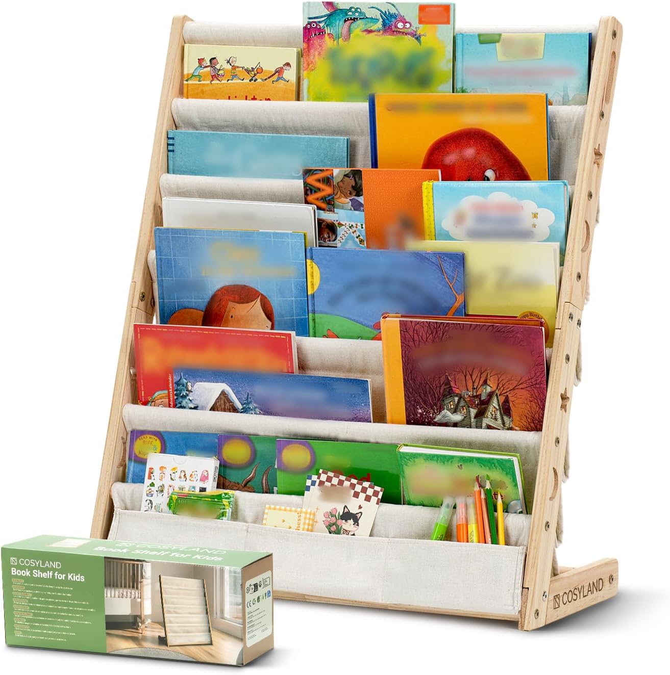COSYLAND 7-Tier Kids Bookshelf - Wooden Sling Book Rack with Deep Pockets, Nursery & Playroom Organizer, Fabric Storage Shelf for Toddlers, Easy-Access Display, Natural Walnut