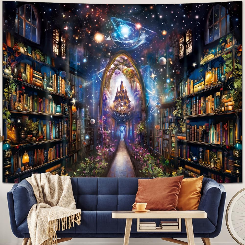 Heynvioo Mysterious Bookshelf Tapestry Galaxy Space Library Tapestry Fantasy Landscape Vintage Aesthetic Tapestries Book Decoration Wall Hanging Decor for Bedroom Home