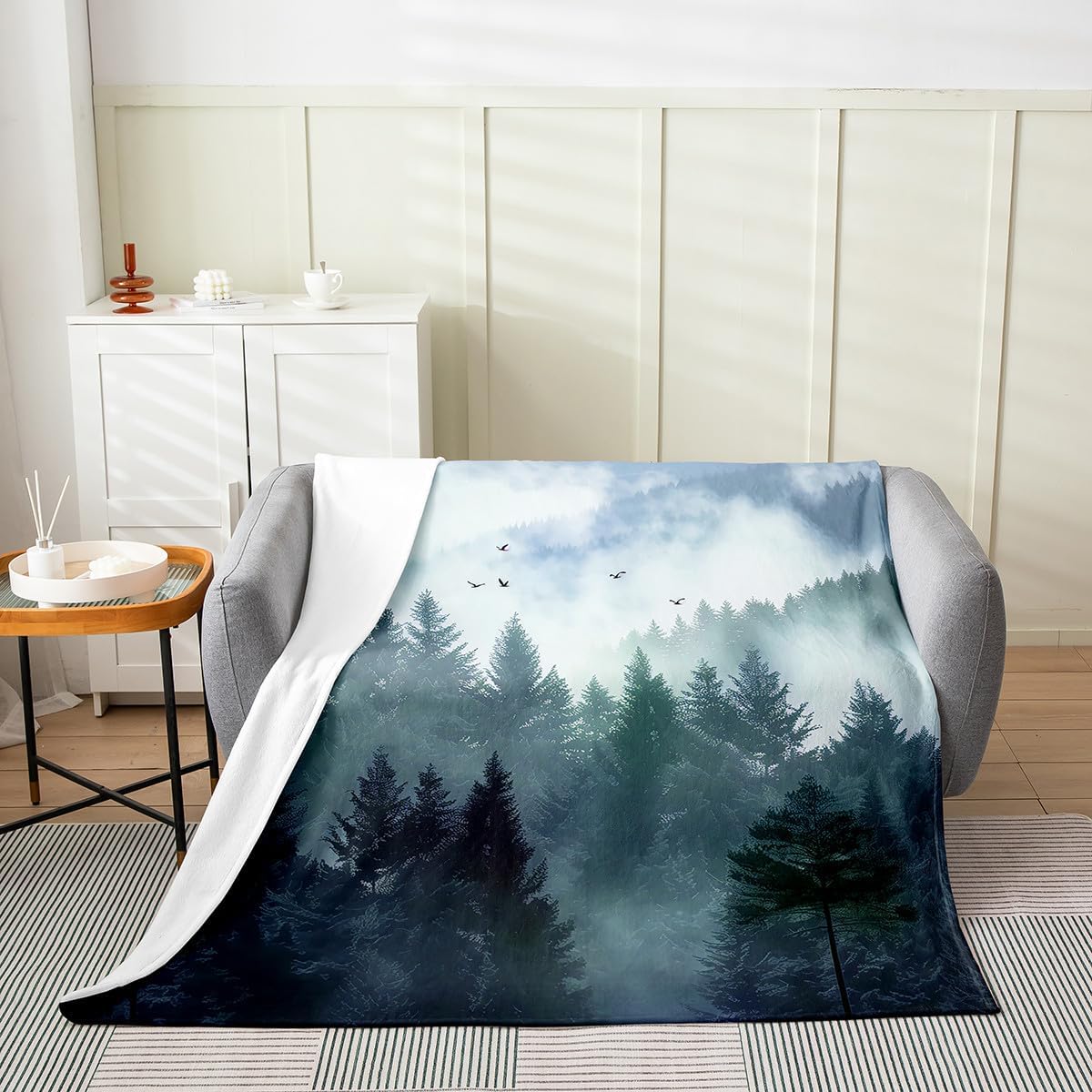 Erosebridal Pine Tree Queen Inch, Mist Botanical Fleece Throw Blanket Woodland Landscape Flannel Blanket Nature Trees Luxury Soft Mysteries Wild Animals Birds Bedroom Decor