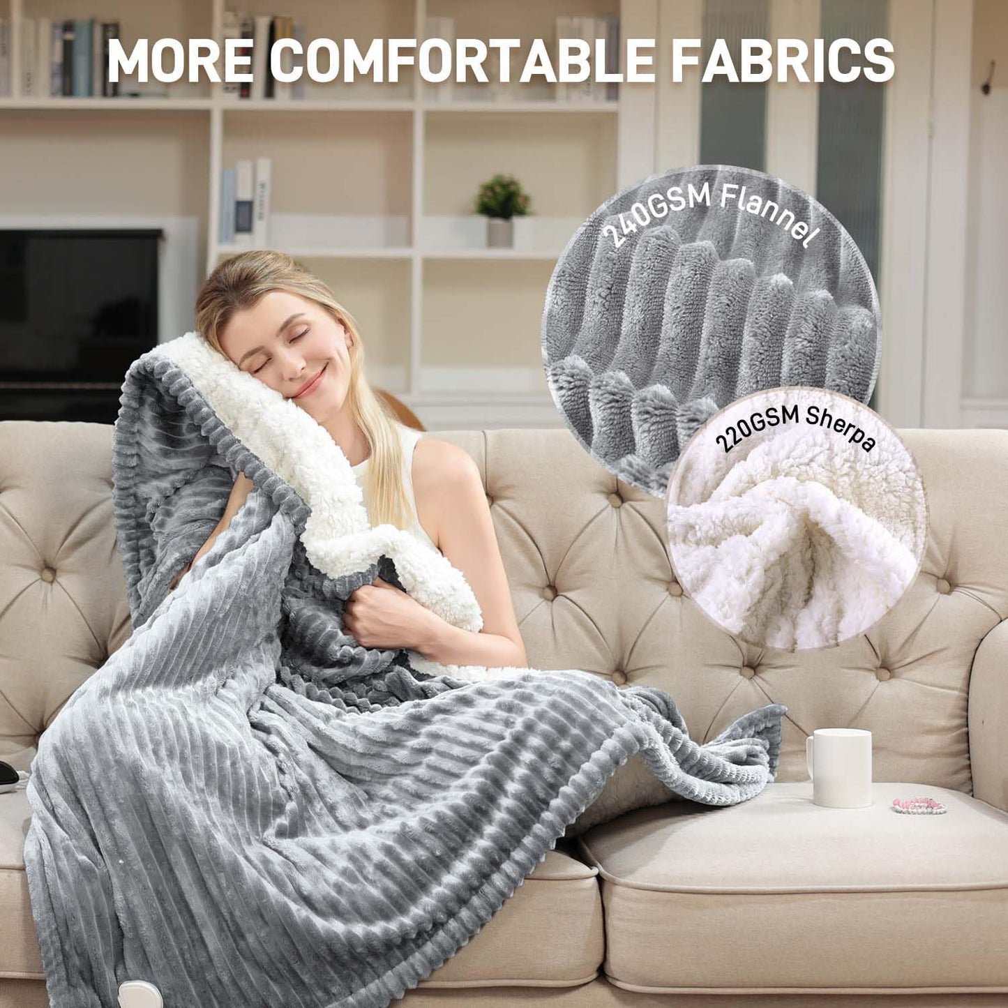 Heated Blanket Electric Throw - Soft Flannel Electric Blanket 50" x 60", Heating Blanket with 10 Time Settings, 6 Heat Settings, Machine Washable with Over-Heat Protection (Gray)