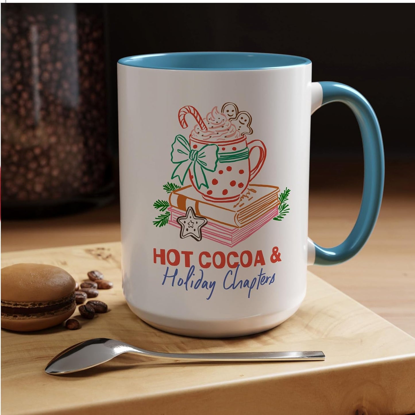 Christmas Hot Cocoa & Holiday Chapters Two-Tone Accent Mugs, 11oz 15oz Drinking Cups, Kitchen Décor, Gifts For Book Lovers