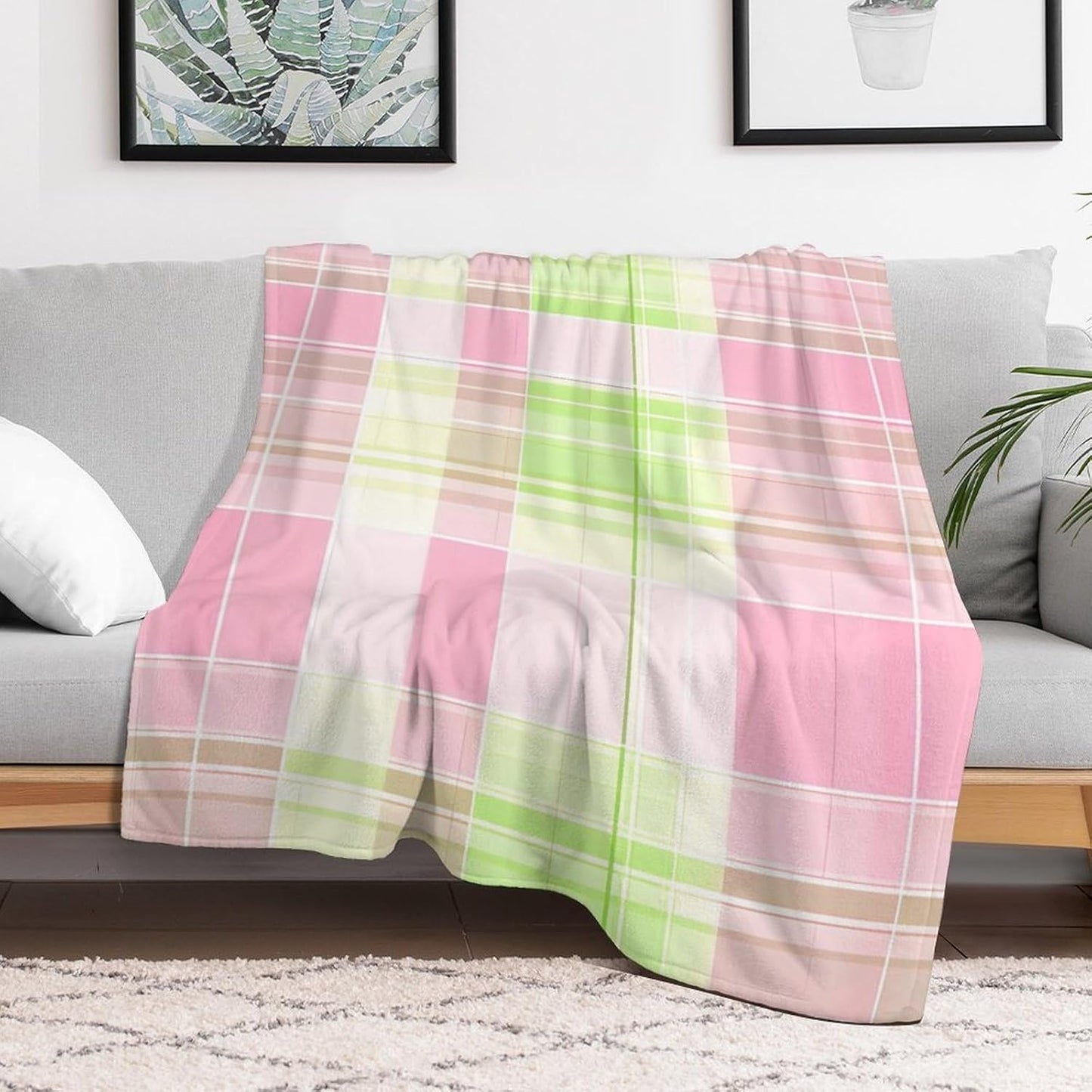 Green Pink Plaid Throw Blanket for Couch Bed Plush Cozy Fuzzy Flannel Blanket for All Season 66"x90"