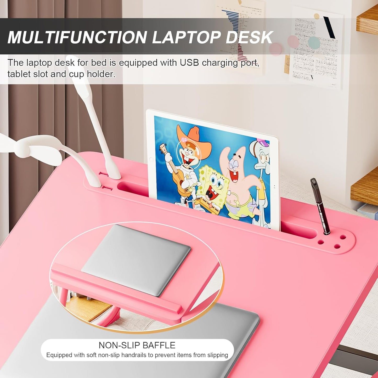 Laptop Desk for Bed, Adjustable Laptop Stand with 5 Different Angles, Portable Lap Tray Table with USB Charge Port and Cup Holder, Laptop Bed Desk Tray for Eating Working Writing (Pink)