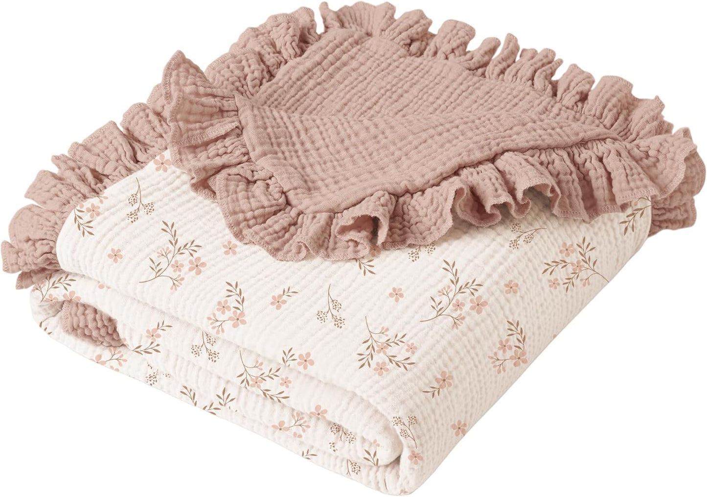 Konssy Flounce Muslin Baby Blanket for Girls Boys, 100% Cotton Soft Crib Swaddle Blankets, Reversible & Breathable Nursery Bedding for Newborns Toddlers, 40 x 36 Inches (Petal Dream)