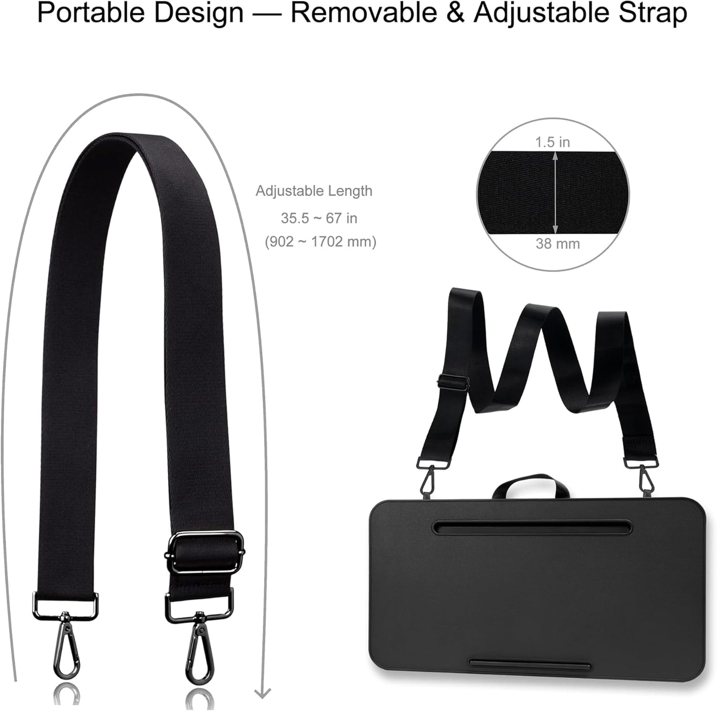 Millhome Lap Desk | Portable Laptop Desk – Fits Up to 17.3" Laptops – Washable Cushion, Adjustable Strap, Phone Holder – Ideal for Short Road Trips or Writing, Working, Reading on Bed, Couch – Black