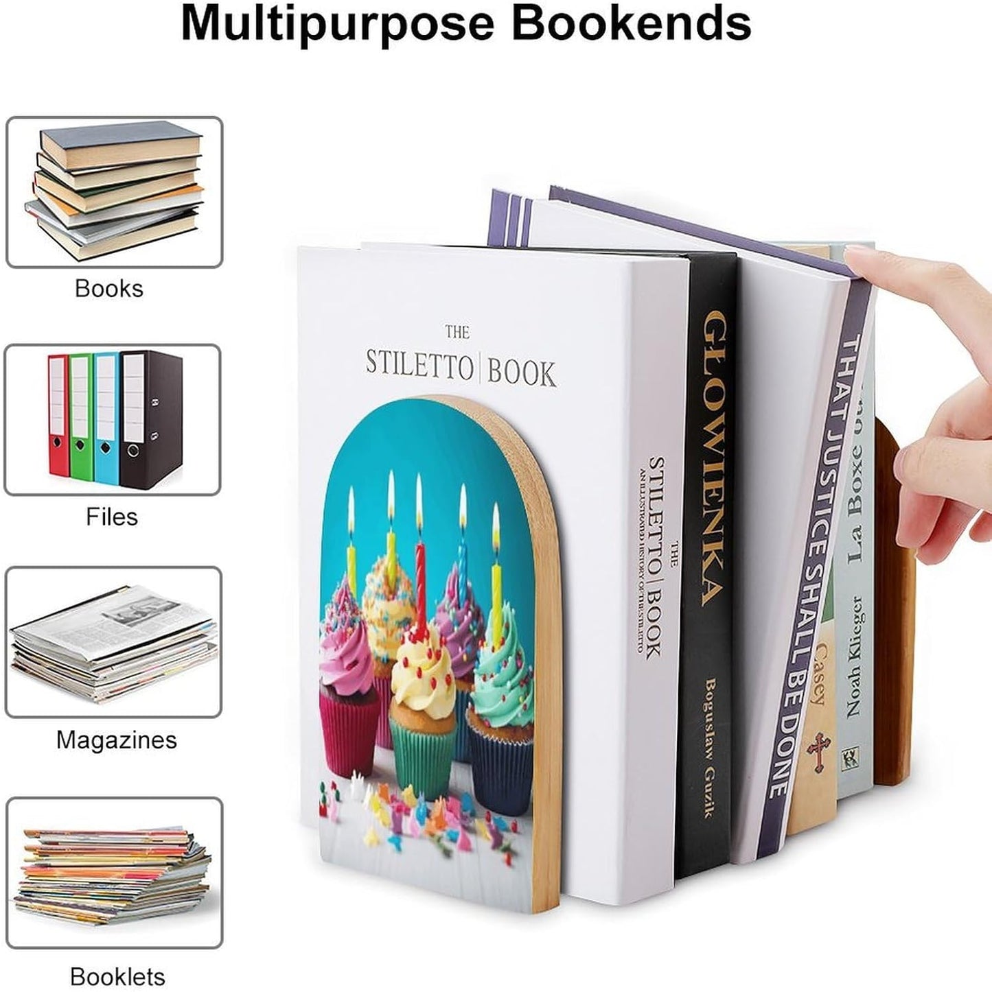 Non-Slip Bookend for Shelves Colorful Happy Birthday Cupcakes Wooden Bookends with Metal Base Decorative Book Stopper for Home Heavy Duty Wood Book Storage for Books/CDs