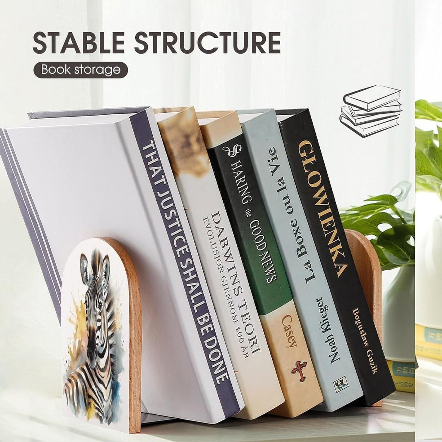 Cute Zebra Watercolor Bookends 1 Pair Heavy Duty Book Ends for Shelves Non-Skid Bookend Supports Wooden Book Holders with Metal Base Desk Organizers Books Storage to Hold Books