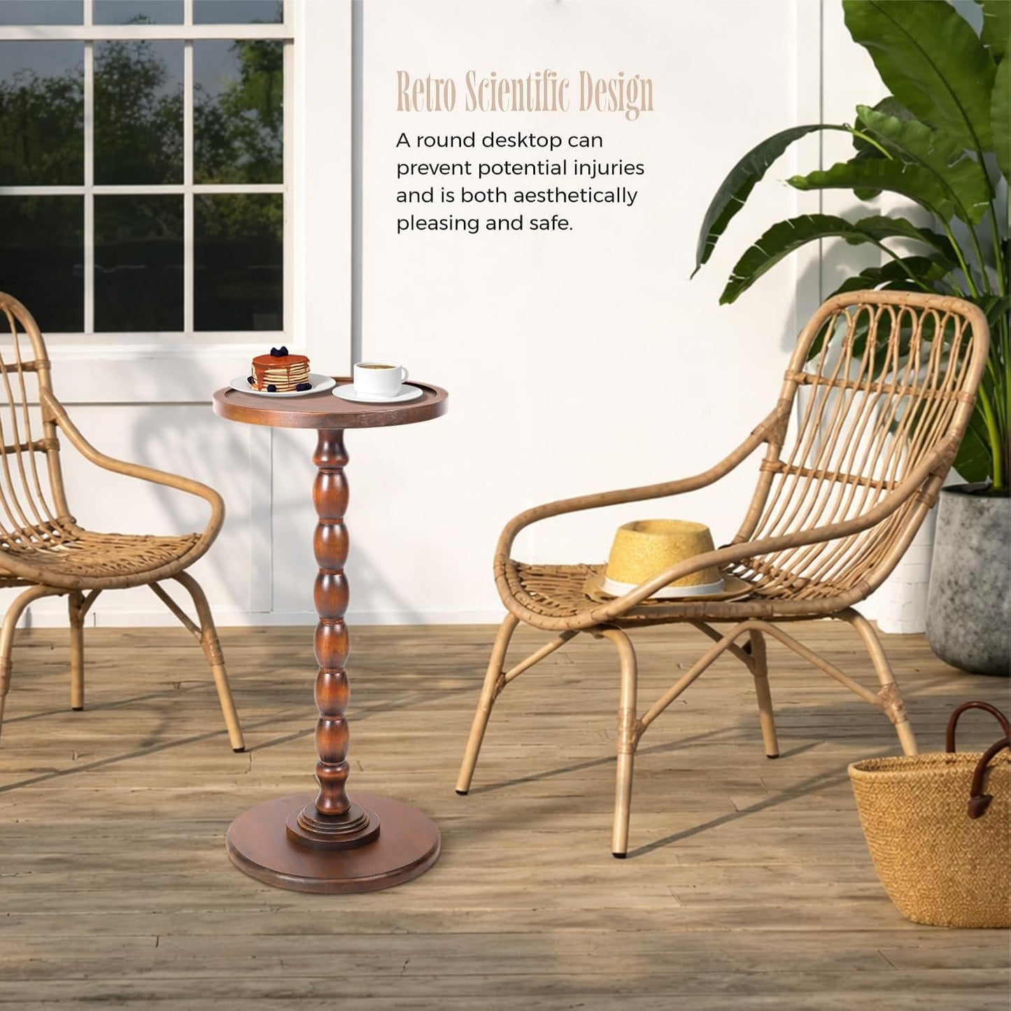 Solid Wood Round Pedestal Side Table with Tray-Top Rim – Bobbin Turned Accent End Table for Living Room, Bedroom – Compact Small Round Drink Table with Stable Base, Nightstand with Solid Table Wood