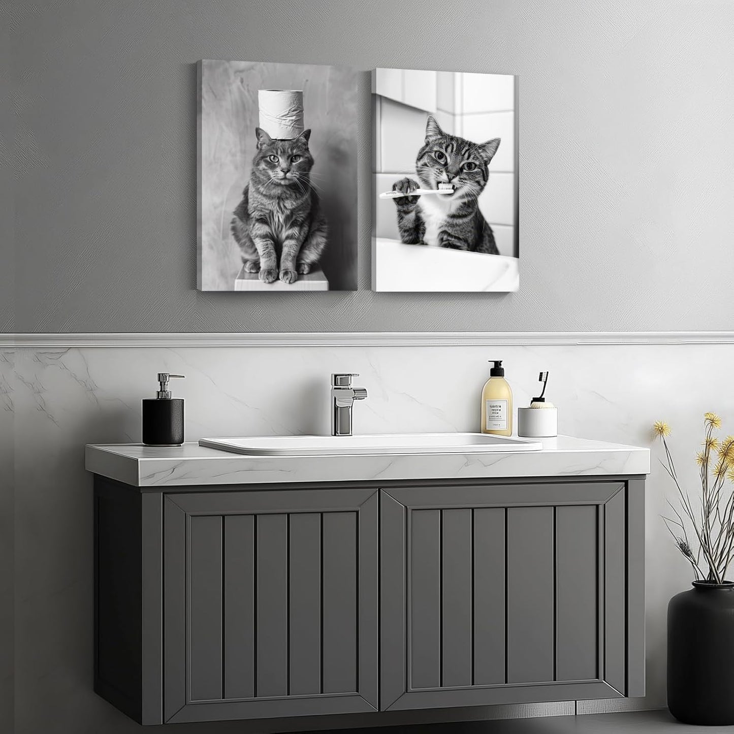Framed Funny Black and White Cat Bathroom Wall Art Set of 3, Cute Cat on Toilet Pictures Wall Decor Paintings, Humor Animal Toilet Signs Canvas Prints for Bathroom Restroom 16x24 inch
