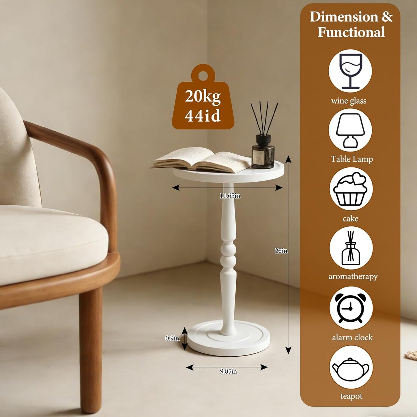 Small Side Table for Small Spaces, Modern Round End Table with Natural Solid Wooden Top, Pedestal and Leg, White Accent Drink Tables for Livingroom, Bedroom, Sofa, Corner, Coffee, Office, Couch