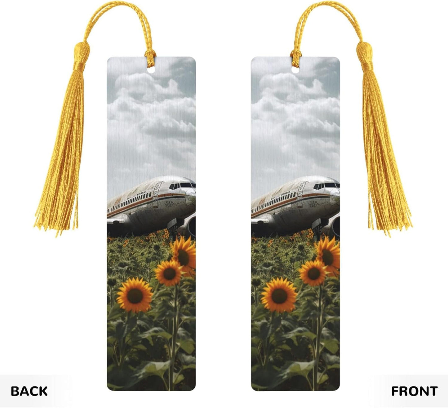 Plane Flies to Sunflower Field Bookmarks Gifts for Women Men, Wooden Bookmarks for Book Lovers, Vintage Book Marks Ornaments with Tassel, Unique Personalized Reading Page Markers Gold