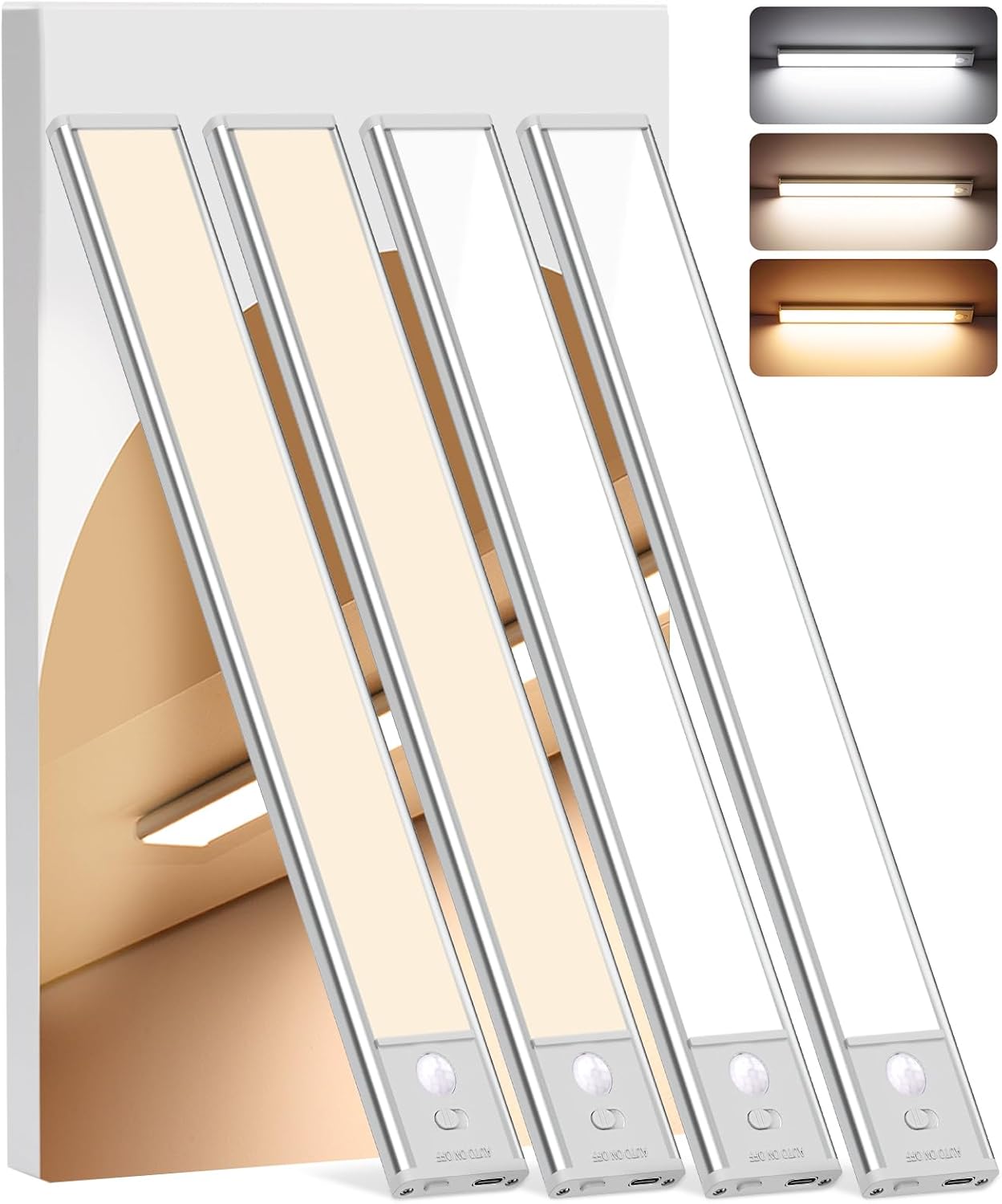 Under Cabinet Lighting Wireless, 4Pack Motion Sensor Light Indoor with 3 Color Temps, Dimmable Closet Lights Battery Operated, LED Magnetic Light, Rechargeable Under Counter Lights for Kitchen Stairs