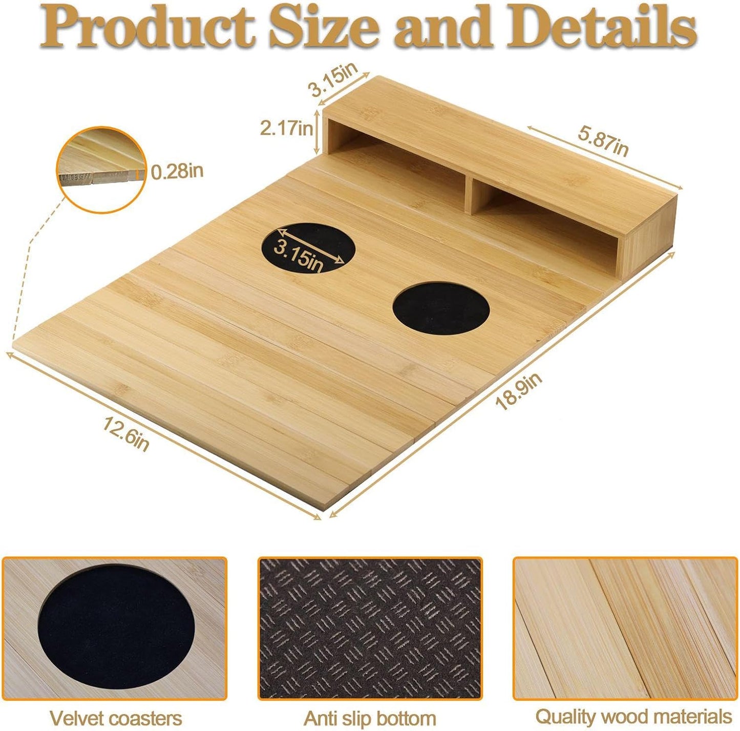 Bamboo Sofa Armrest Tray Foldable Couch Arm Tray Non Slip Sofa Armrest Table with Cork Coasters Color Natural Couch Armrest Organizer for Drinks Mobile Phone TV Remote Control Snacks