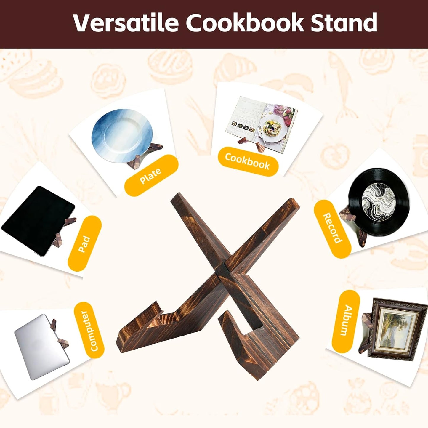 Recipe Book Holder, Cookbook Stand with Tablet Holder. Rustic Brown Vintage Wooden Shelf for Cooking Kitchen, Baking, Pad, Recipe Books. Space Saving Home Decor Organizer Gift.