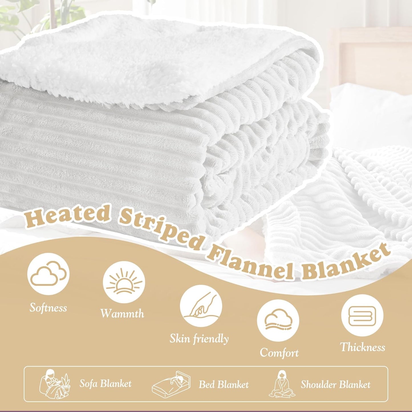 Striped Heated Blanket Throw Size - Fast Warming Electric Throw Blanket with 6 Heat Settings & 4 Hours Auto-Off, Ideal Gift for Her, 50"x60", Light Grey