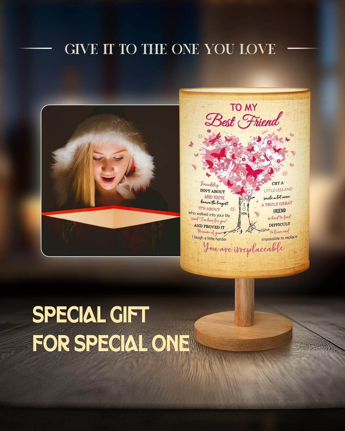 Best Friend Birthday Gifts for Women, Friendship Gifts for Women Fabric Lamp, Bestie Gift Table Lamp with Wooden Stand Unique Gift