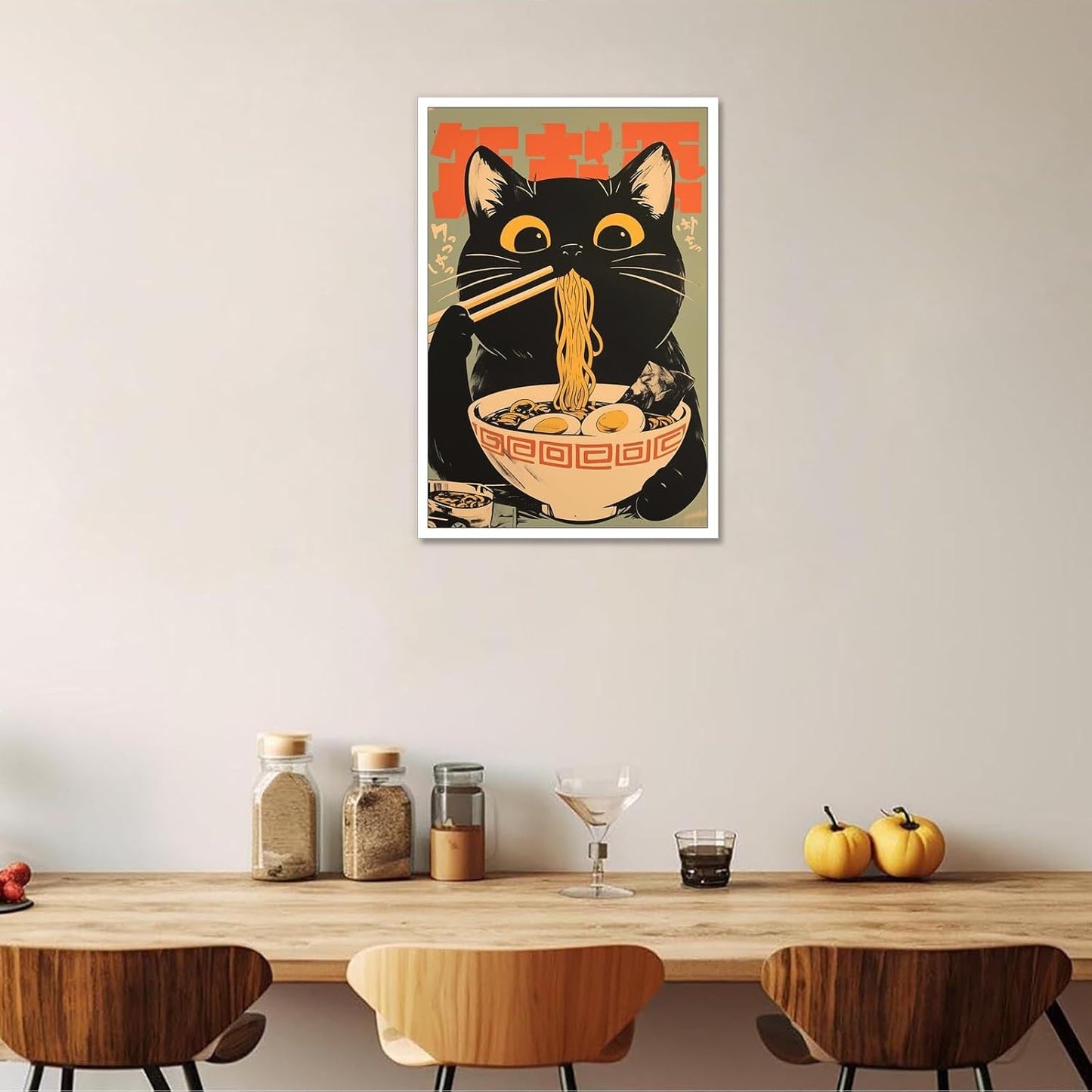 noskisy Vintage Black Cat Eat Tasty Noodle Posters Japanese Cute Cats Canvas Wall Art Period Ramen Cat Lovers Prints Painting For Kitchen Home Bedroom Dorm Wall Decor 8x12in Unframed