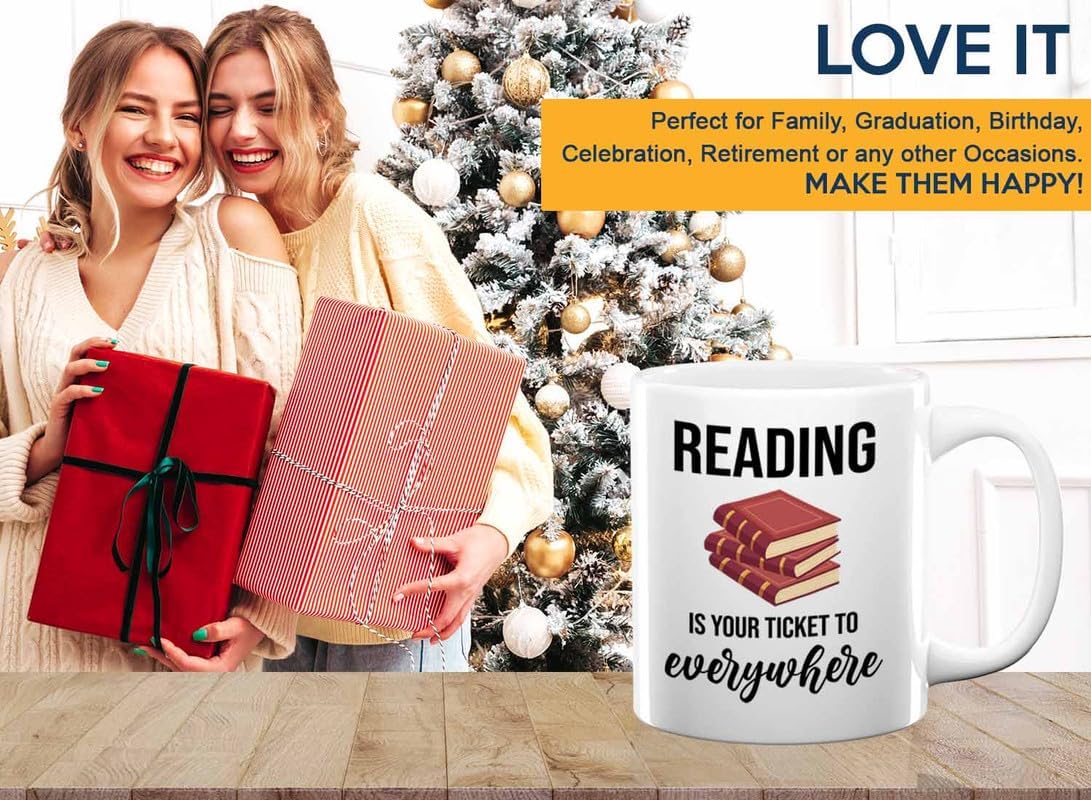 Bookish Coffee Mug 11oz White -Reading ticket to everywhere - Novel enthusiast Book Club Librarian Book Lover Writer Reader Bibliophile
