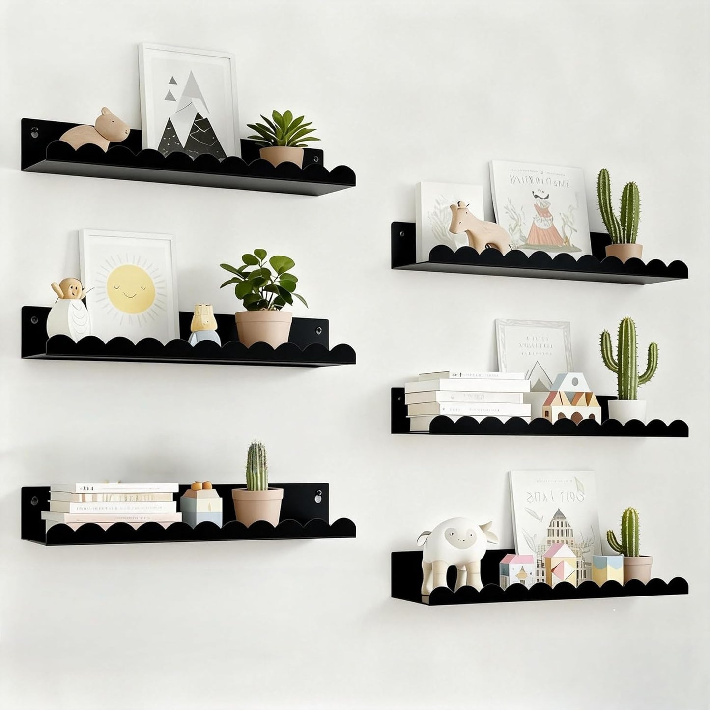 Nursery Book Shelves Set of 6, Black Metal Floating Shelves for Wall, 16 Inch Scalloped Book Shelf for Kids Room, Bathroom, Bedroom, Playroom Wall Decor & Storage