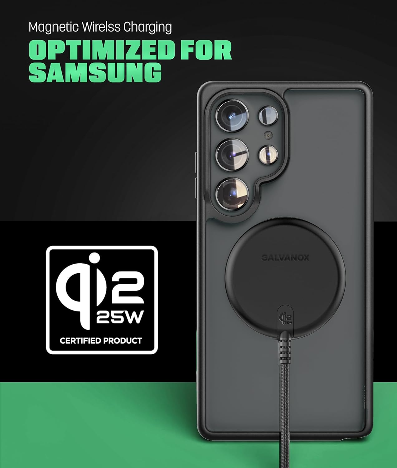 Galvanox 25W Magnetic Wireless Charger for Samsung, Qi2.2 Certified [Compatible with MagSafe] Fast-Charging 2.0 for Galaxy S26 Ultra, Fold, Plus S25/S24/S23, Braided 6ft USB-C (Black)