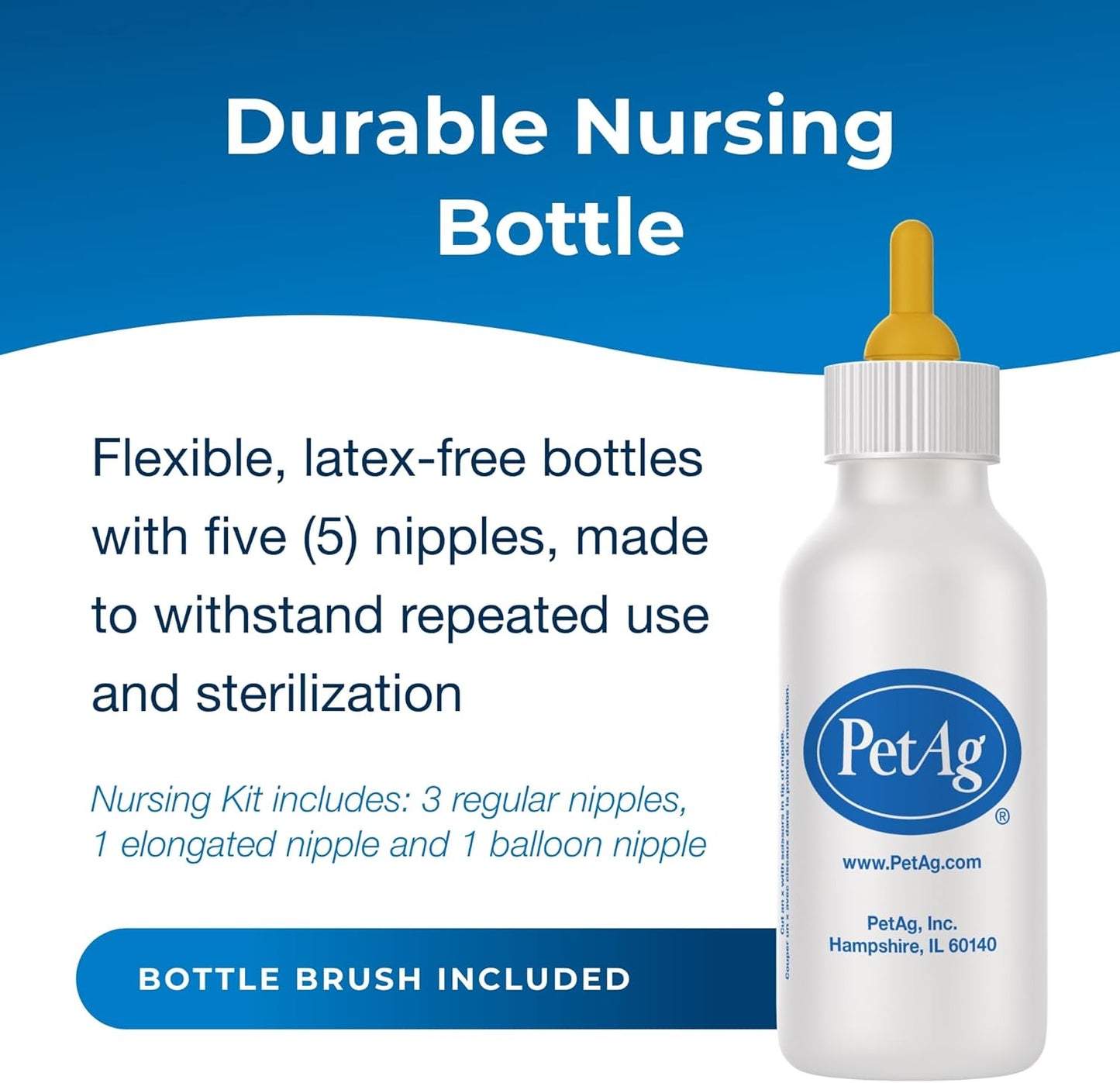 Pet-Ag Nursing Kit - 2 oz - Promotes the Natural Feeding of Liquids to Baby Animals - Each Kit Includes 2 oz. Bottle with Cap, 5 Nipples & Cleaning Brush