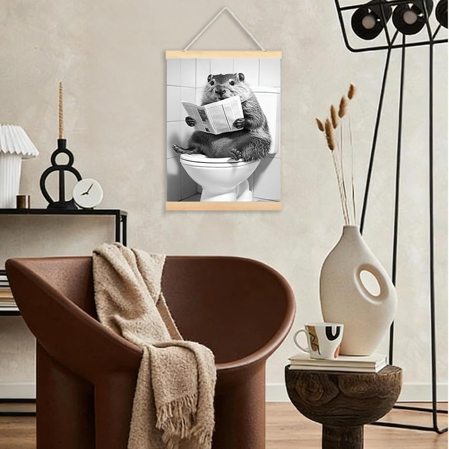 Animal in Bathroom Pictures Wall Art Funny Groundhog Read Newspaper on Toilet Canvas Prints Rustic Decor Western Bathroom Wall Decor Signs 12x16inch Framed
