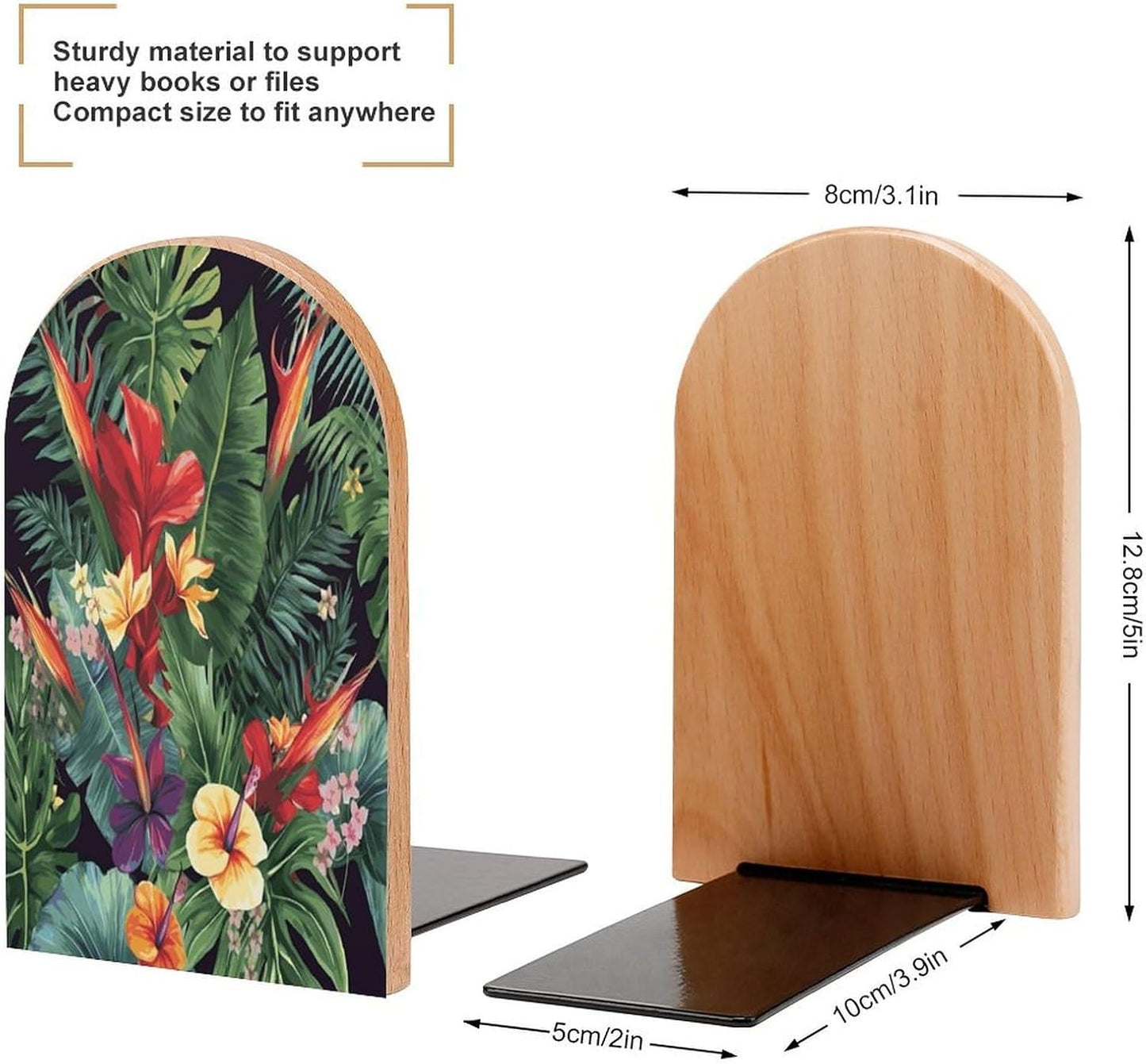 Tropical Plant Flowers Bookends 1 Pair Heavy Duty Book Ends for Shelves Non-Skid Bookend Supports Wooden Book Holders with Metal Base Desk Organizers Books Storage to Hold Books
