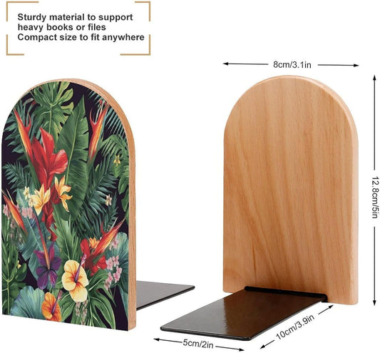 Tropical Plant Flowers Bookends 1 Pair Heavy Duty Book Ends for Shelves Non-Skid Bookend Supports Wooden Book Holders with Metal Base Desk Organizers Books Storage to Hold Books