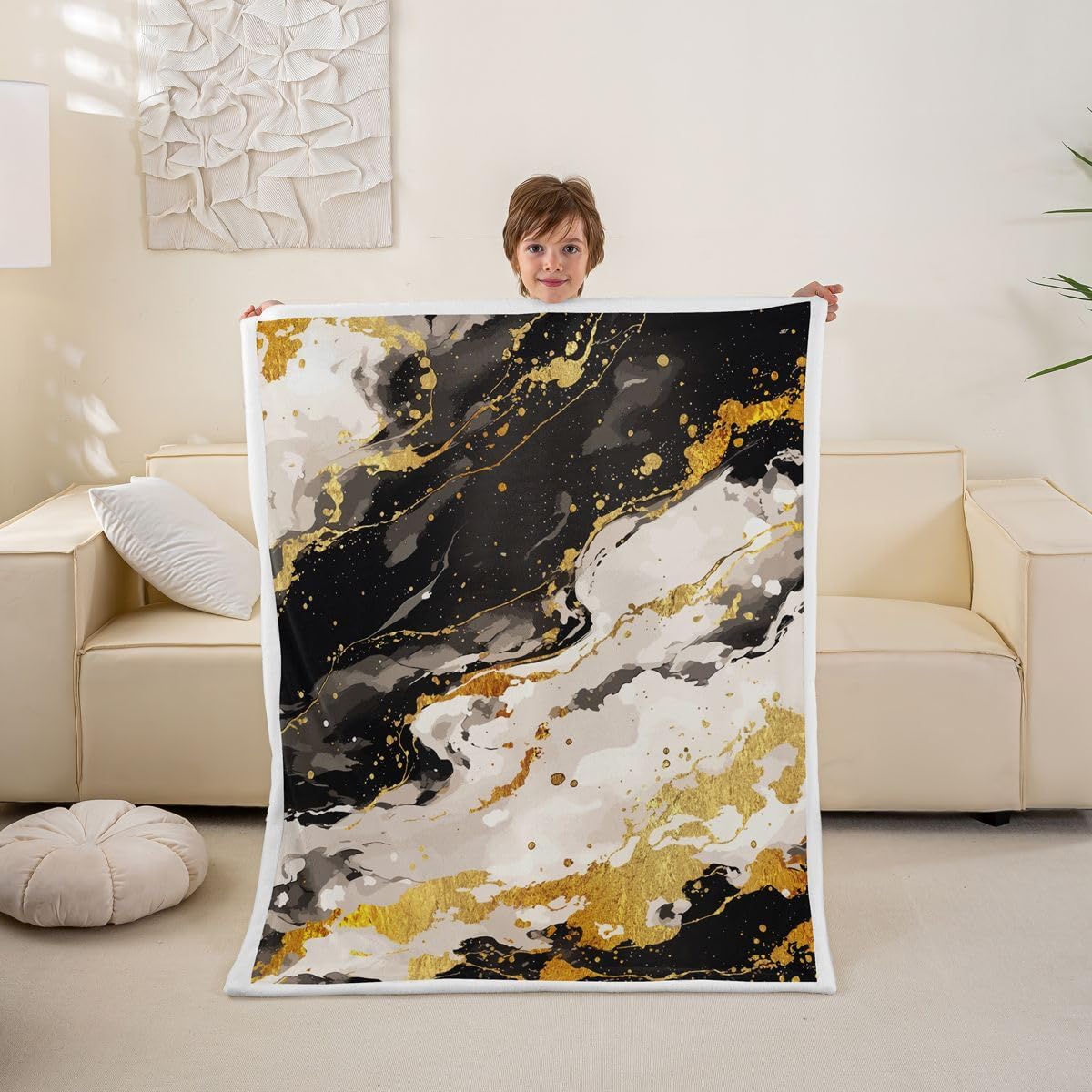 Feelyou Black Gold Sherpa Throw Blanket for Couch Abstract Super Soft Cozy Fleece Marble Blanket for Winter, Plush Throw Throw 50"x60" All Season