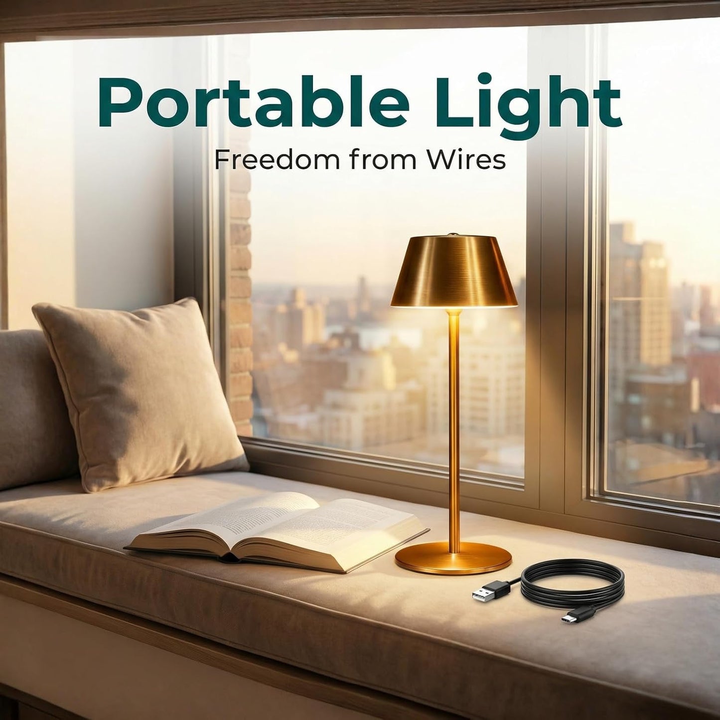 2 Pack Gold Cordless Table Lamp, All-Metal Brushed Finish Brass Cordless Table Lamp, Rechargeable with Long Battery Life, Touch Control Accent Light for Bedside, Dining Table, Living Room, Patio& Bar