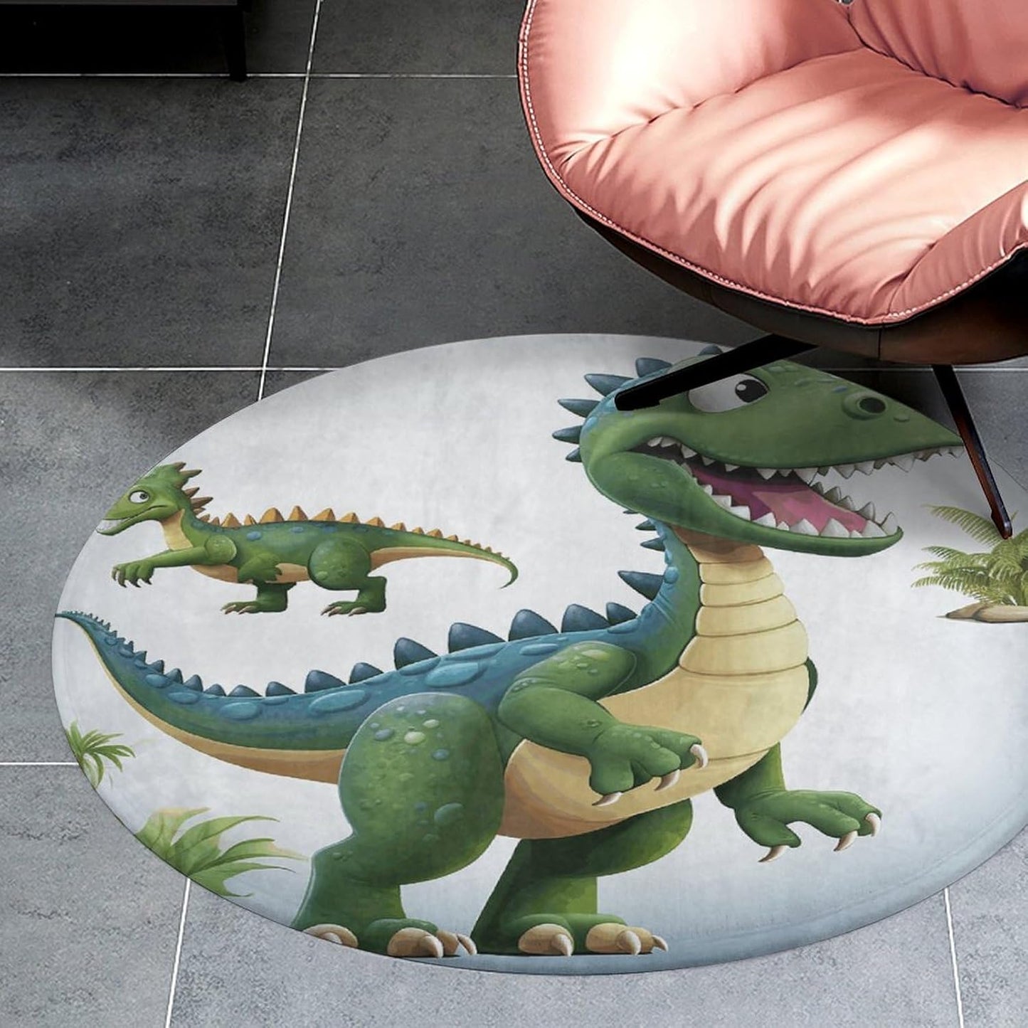 Cartoon Dinosaur Images Circle Rug Retro Luxury Coral Velvet Floor Mat Non Slip Soft Indoor Floor Carpet Comfy Thickened Area Rugs Modern Aesthetic Minimalist Carpets for Home Decor