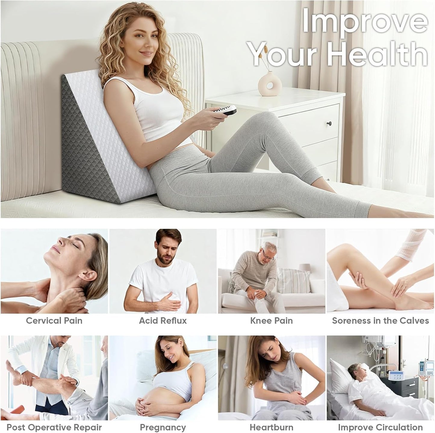 Wedge Pillow for Sleep Apnea, Bed Wedge Pillow for Headboard, Headboard Triangle Pillow Wedge for Acid Reflux, After Surgery, Snoring, Cooling Memory Foam Top, Removable Cover, 24x24x12Inch