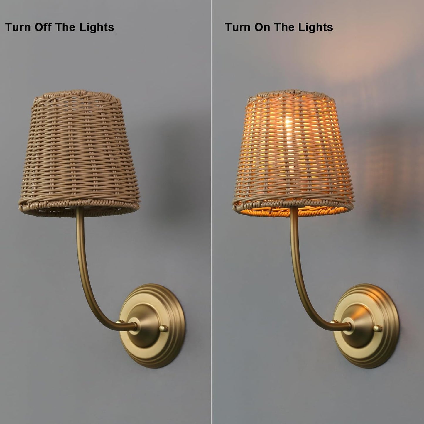 Yosoan Rattan Boho Wrapped Wall Sconce Light, Indoor Hardwired Gold Hand-Woven Farmhouse Vintage Wall Lamp, Brass Handmade Shade Wall Mount Fixture for Reading Bedside Bedroom Nursery Rustic(Antique)
