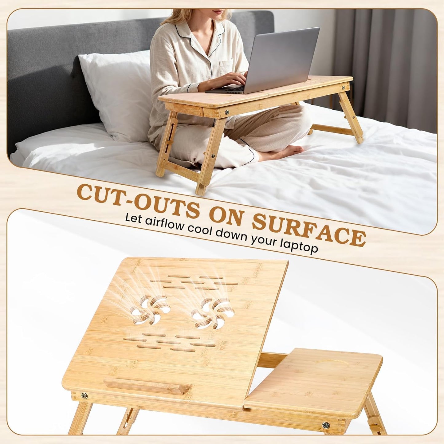 Bamboo Laptop Lap Desk with Vent, Folding Lap Tray Table with Adjustable Height, Tilting Top and Drawer, Portable for Bed Couch Working Reading Writing